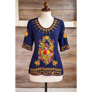 Durga Embroidered Rayon Blouse Navy Floral Boho Peasant Top Size M